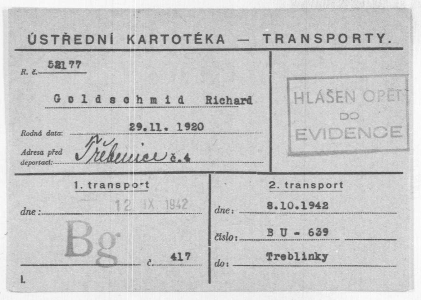 021 Deportationskarte Glazar Ghetto Theresienstadt Kartei (arolsen Archives) Front